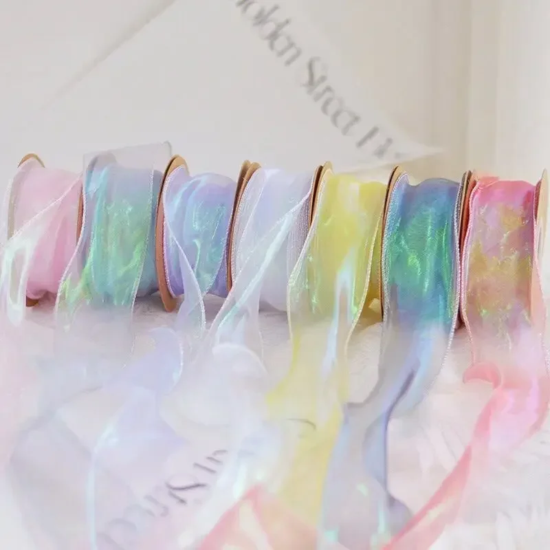 Fantasy Fish Tail Yarn Flower Art Packaging Gift Box Decorative Aurora Colorful Ribbon, DIY Apparel Sewing Supplies, 4cm * 9m