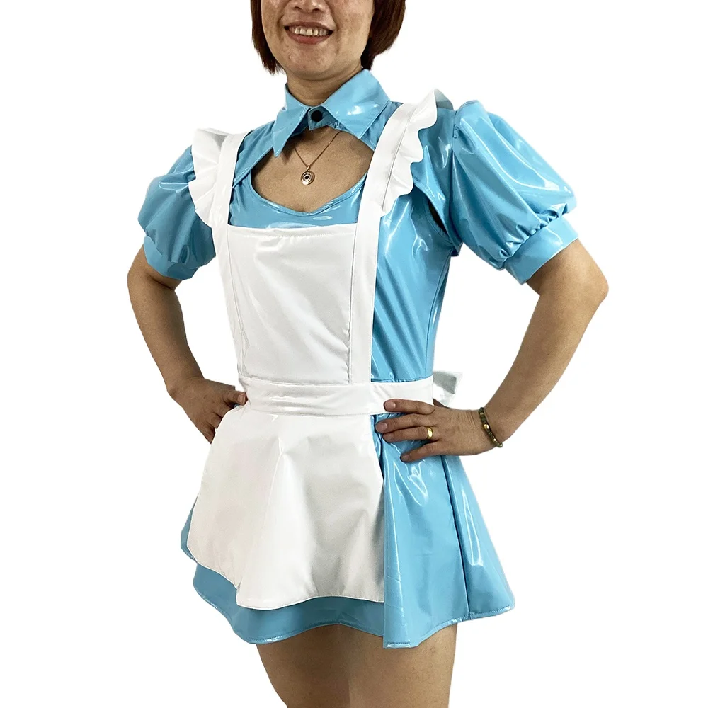 Wet PVC Leather A-line French Maid Outfits, Puff Short Sleeve, Sissy Maid Uniforms, Halloween Party Cosplay, 7XL, 3Pcs Set