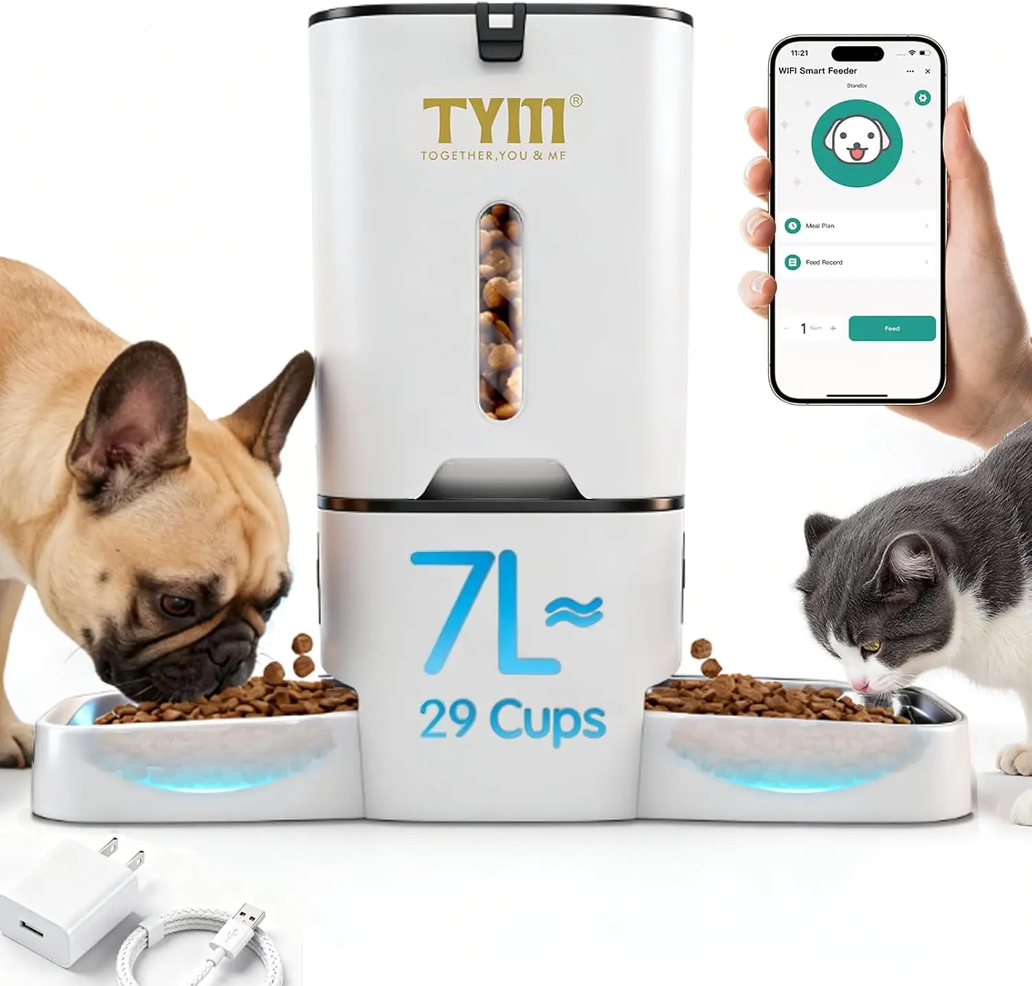 

Dual Automatic Cat Feeder for 2 Pets, 7L Timed Food Dispenser with WiFi App Control and Slow Feed Bowls