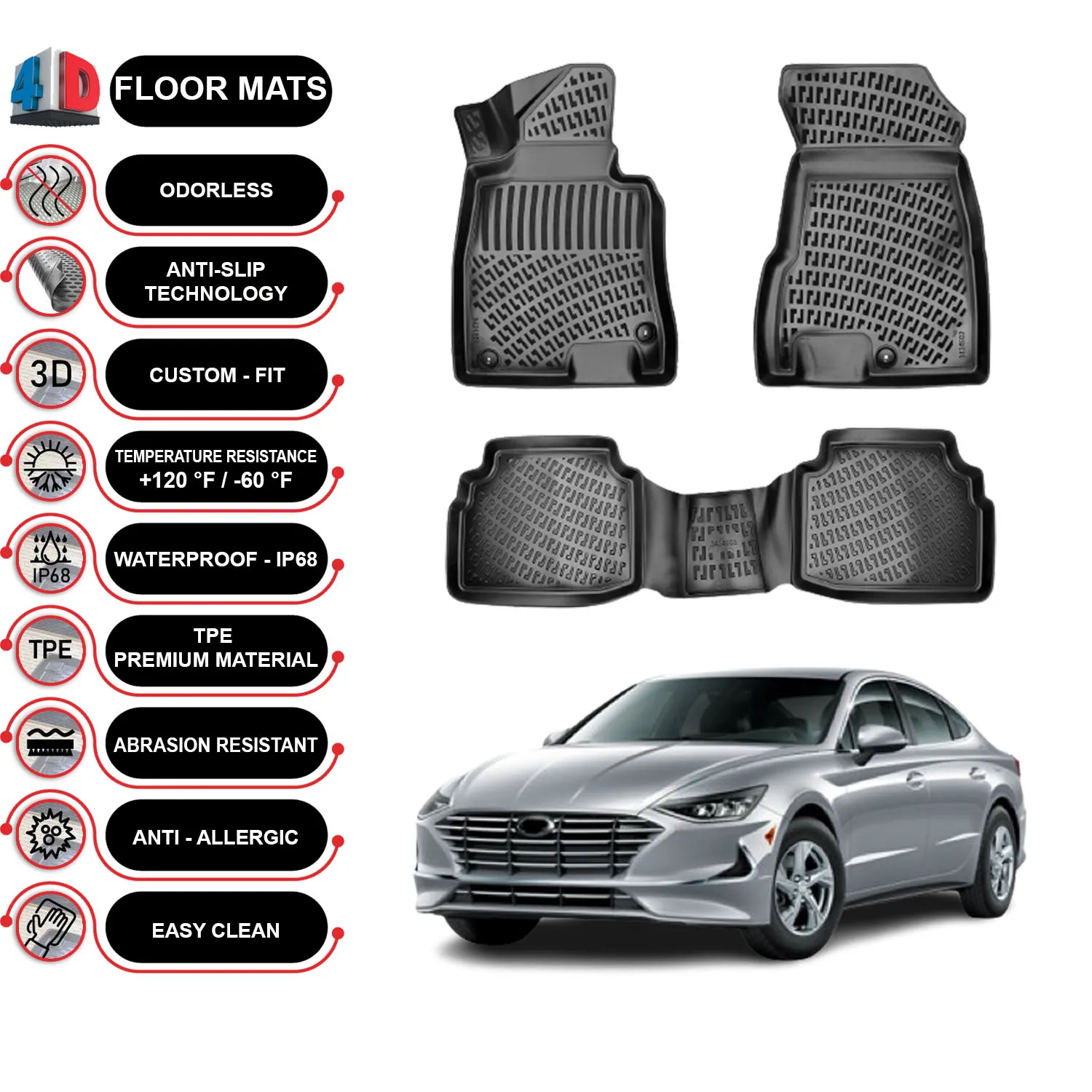 Hyundai Sonata Gasoline - (2020-2023) Floor Mats Liner Waterproof 3D - (Black)