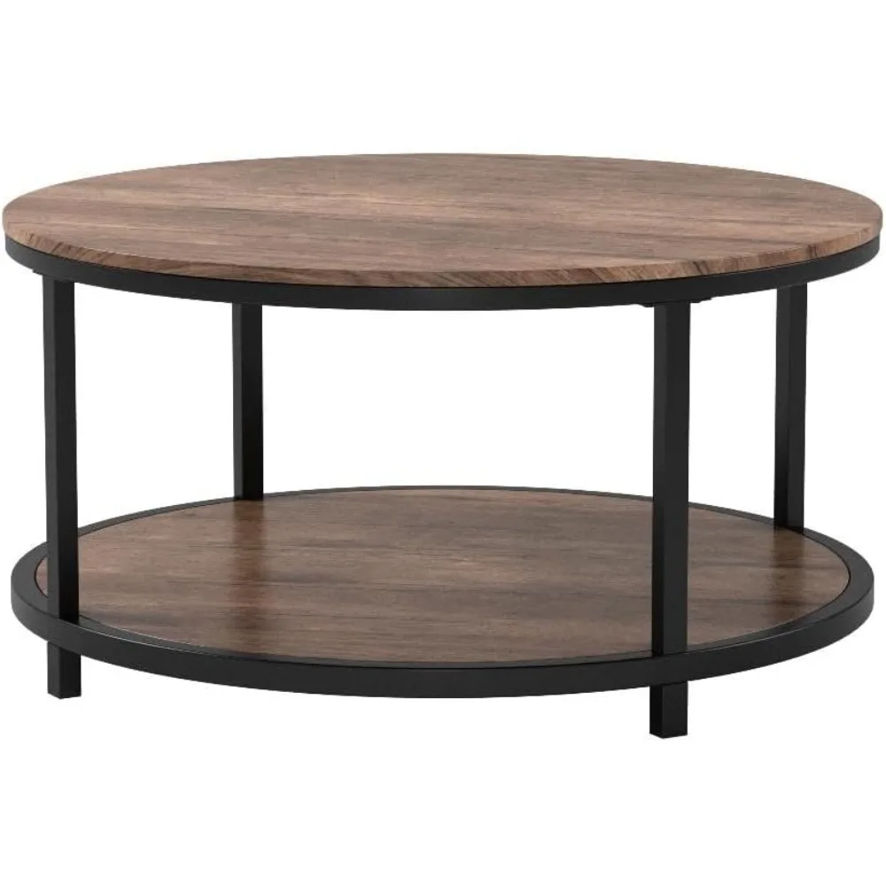 Modern Rustic 2-Tier Wood Coffee Table with Storage Shelf for Living Room, 36 Inches Diameter