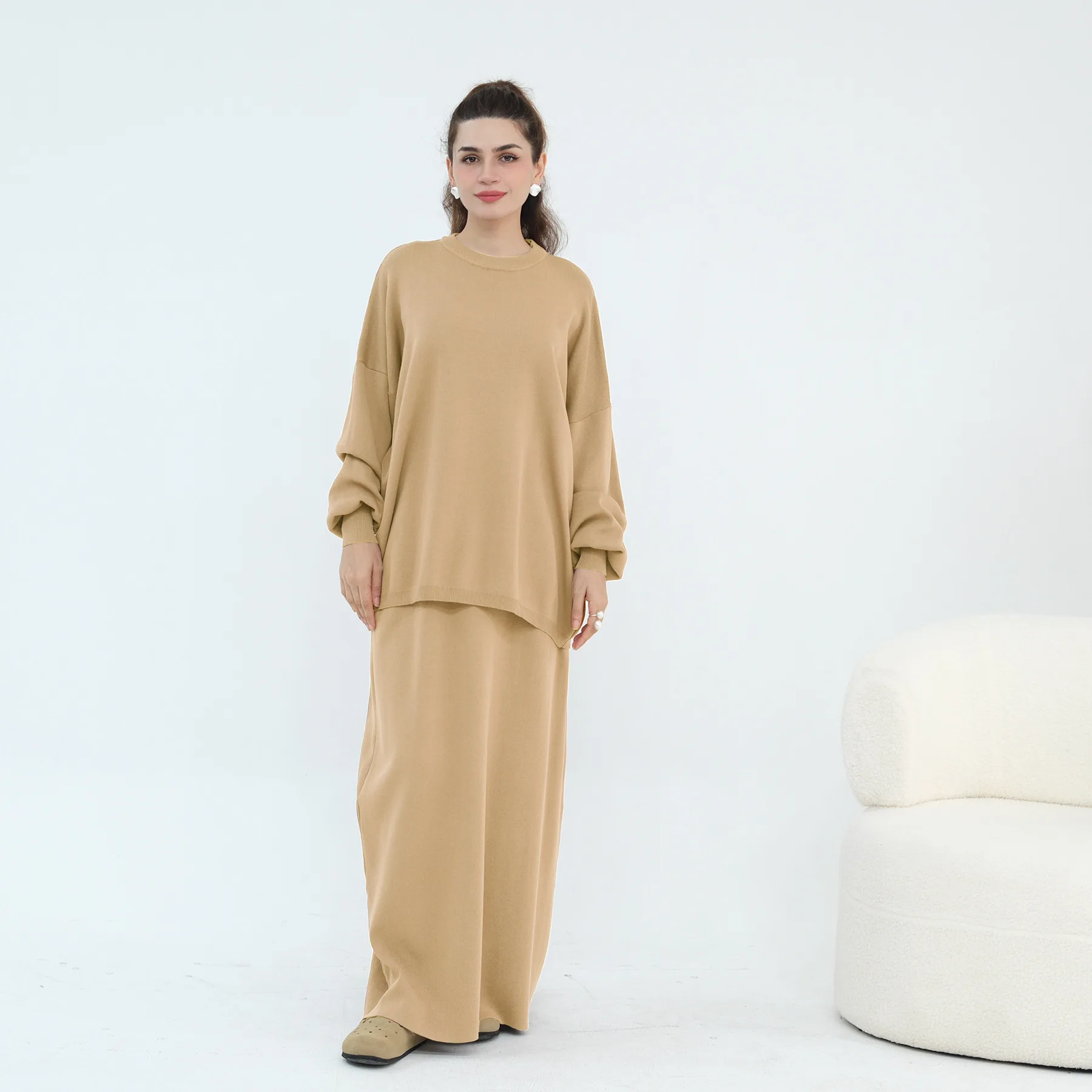 Autumn Winter Middle East New Fashion Women's Solid Color Casual Trendy Loose Thicken Simple Basic 2 Pieces Sets Female Clothes