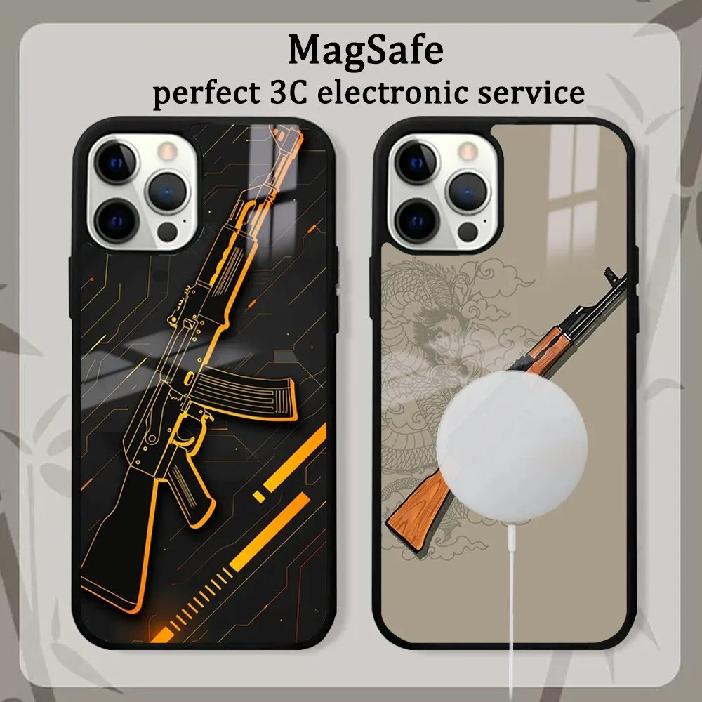 Weapons AK47 Gun Black  Phone Case For iPhone16 15 14 13 12 11 Pro Max Plus Mini Mirror Magnetic Cover