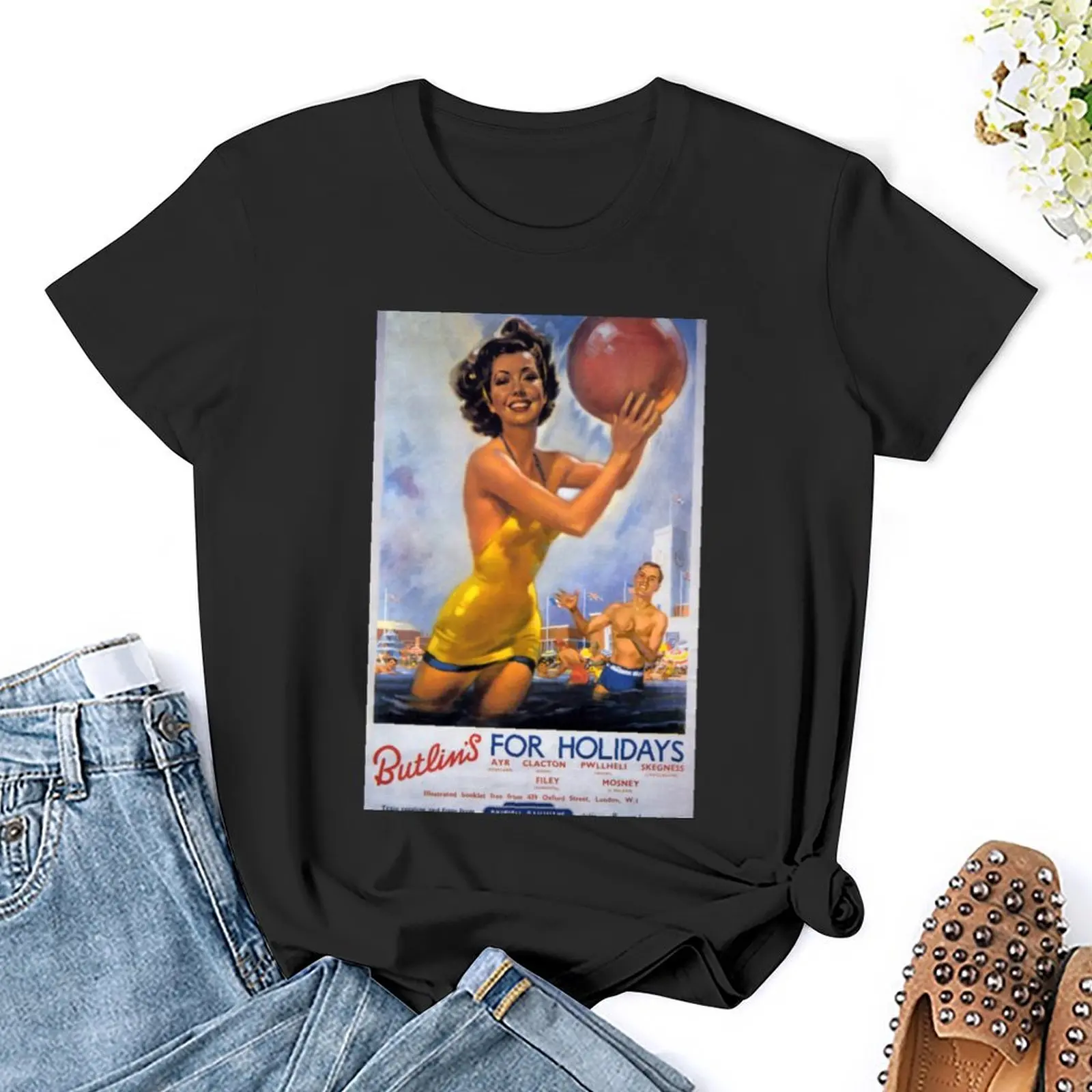 Póster de Ferrocarril Británico Vintage para Butlins, camiseta de los años 50, ropa estética hippie, camiseta, vestido para mujer