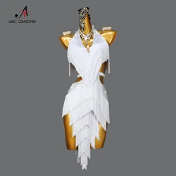 Vestido blanco nuevo de baile latino con flecos para mujer, falda larga Sexy de Samba, ropa Midi de fiesta de noche para chica deportiva, escenario personalizado, 2024
