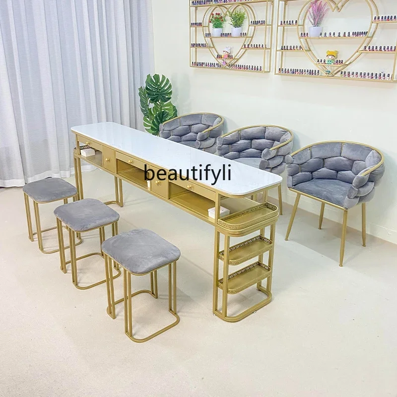 

smt03 Nordic Nail Table and Chair Double Layer Nail Table Tempered Glass Nail Table Marble Top Light Luxury