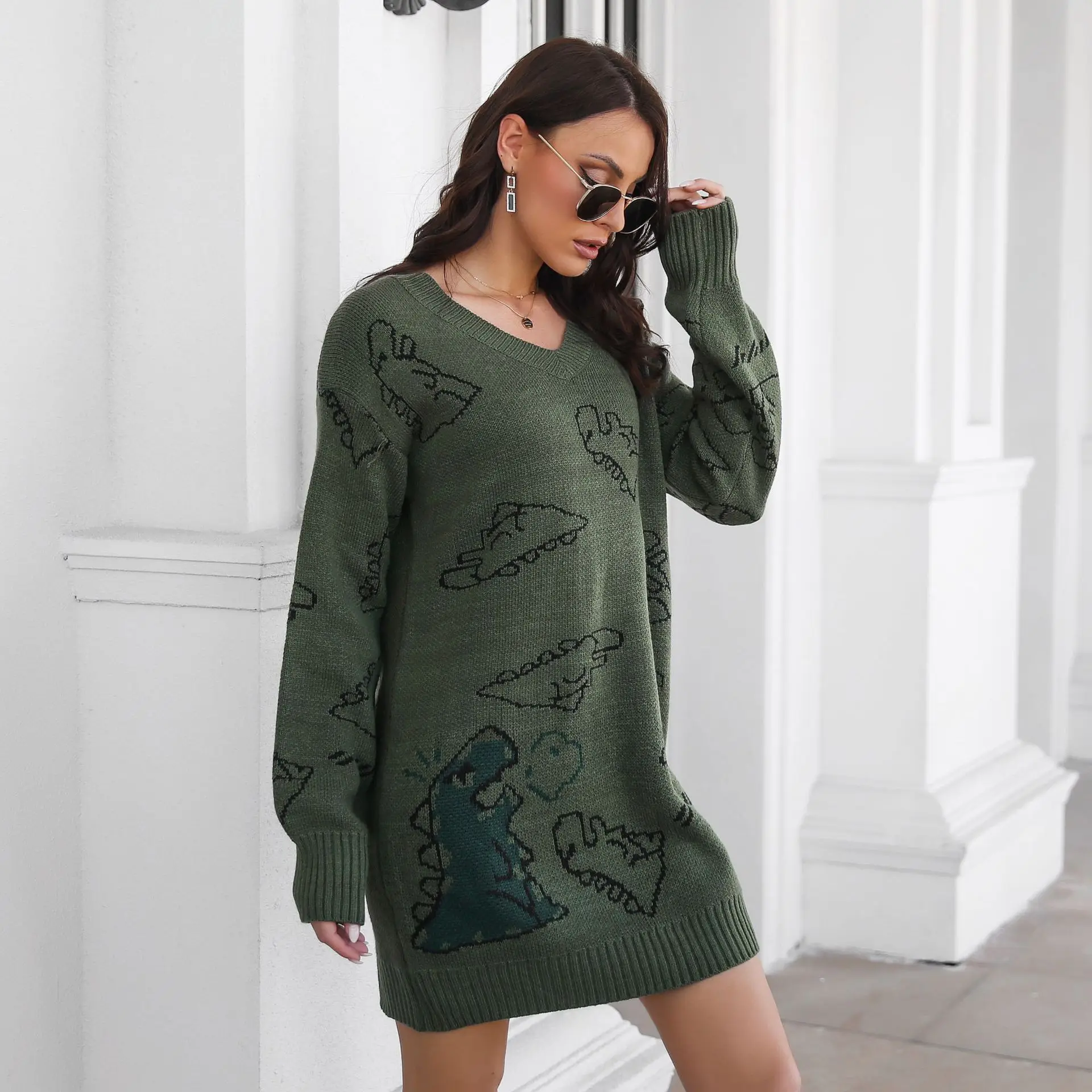 Cute Dinosaur Cartoon Sweater V-Neck Long Sleeve Woollen Dress Loose Knitted Dress Spring And Autumn Style Without Belt