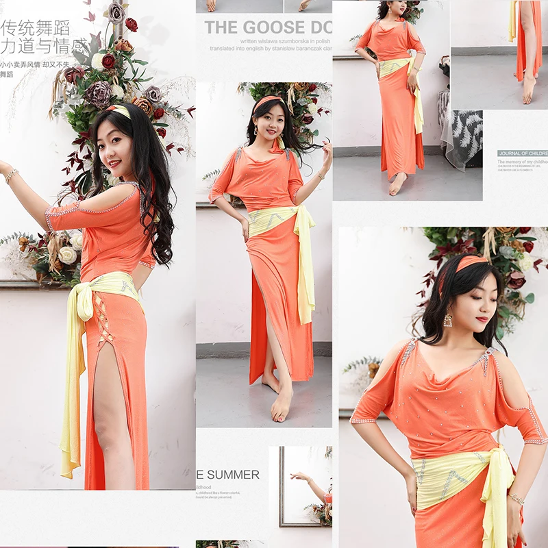 زي الرقص الشرقي للنساء ، بدلة تدريب ، ملابس تدريب ، وشاح رأس ، حزام وتنورة ، أداء مسرحي للكبار ، 3 طقم