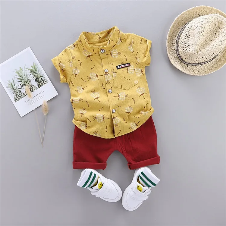 New summer boys\' formal suit cotton printed shirt with shorts boys\' birthday party suit casual boys\' clothing 1 2 3 4 years old