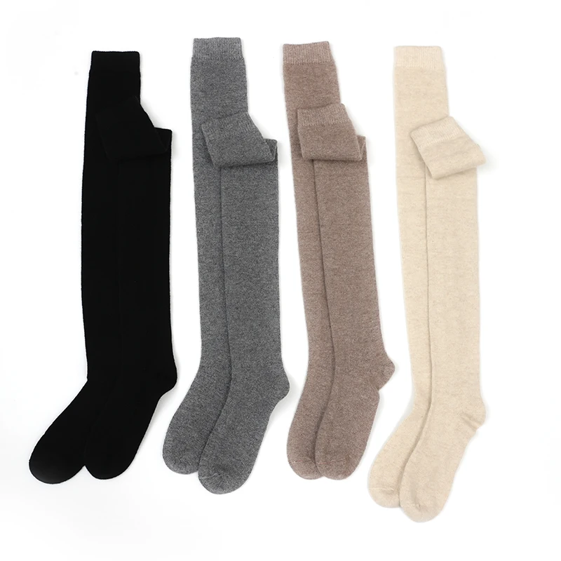 Pure Cashmere High Tube Socks for Women, High-End Socks, Autumn and Winter Fleece-Lined Thickened Warm Wool Over-the-Knee Socks