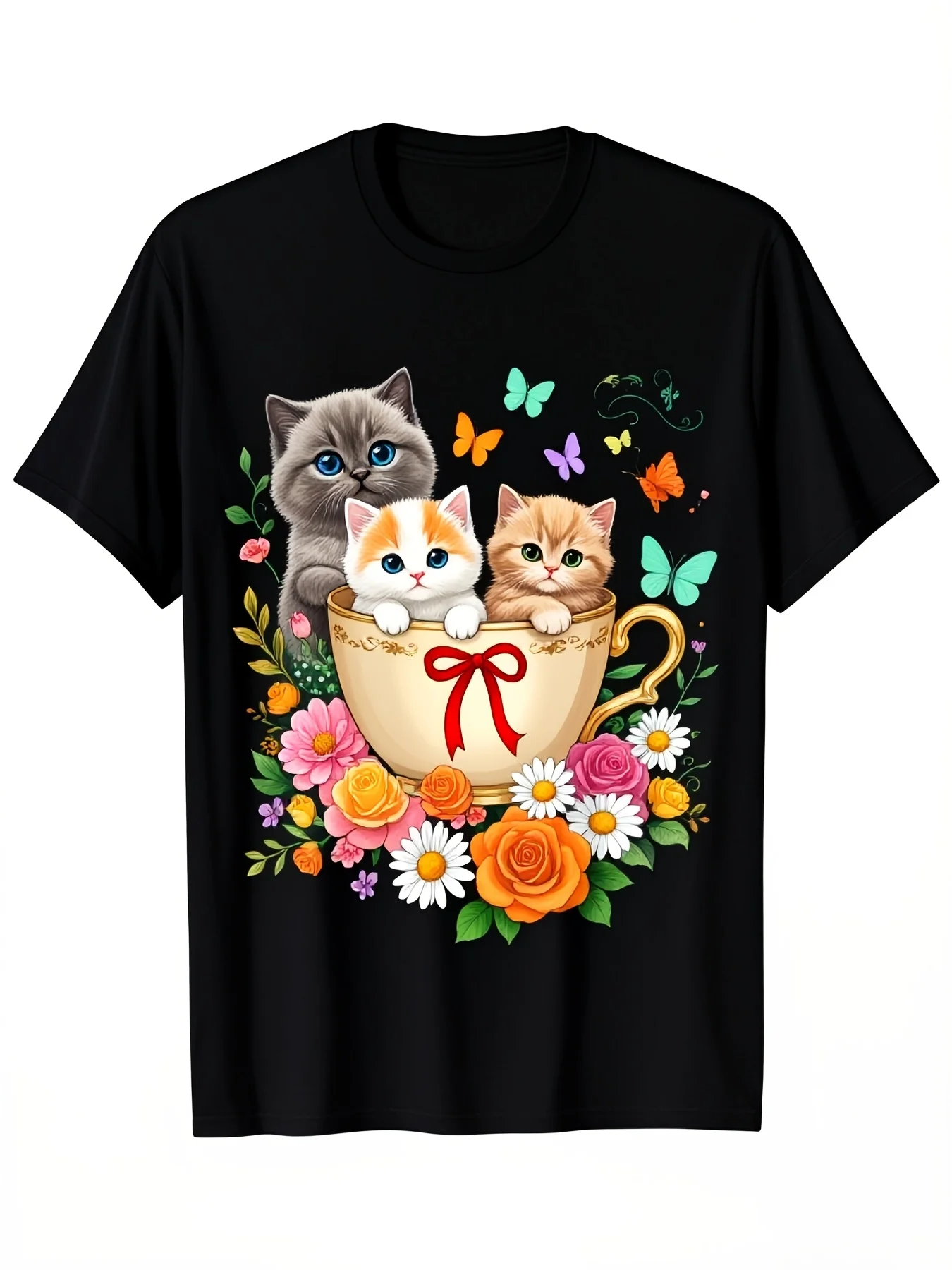 Cute Cats in Tea Cup with Flowers and Butterflies Graphic TShirt Casual Daily Streetwear Black Short Sleeve Round Neck Knit Texture Regular Length Suitable for All SeasonsComfortable and LoosefiRetro Casual Short-sleeved T-shirt with a Round Neck