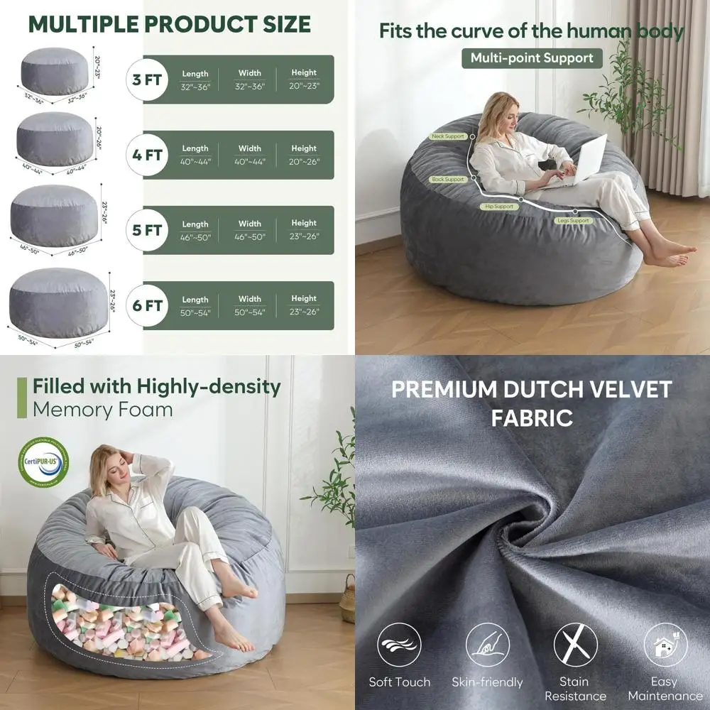

3-Foot Adult Memory Foam Bean Bag Chair with Dutch Velvet Cover, Dark Grey, Filled
