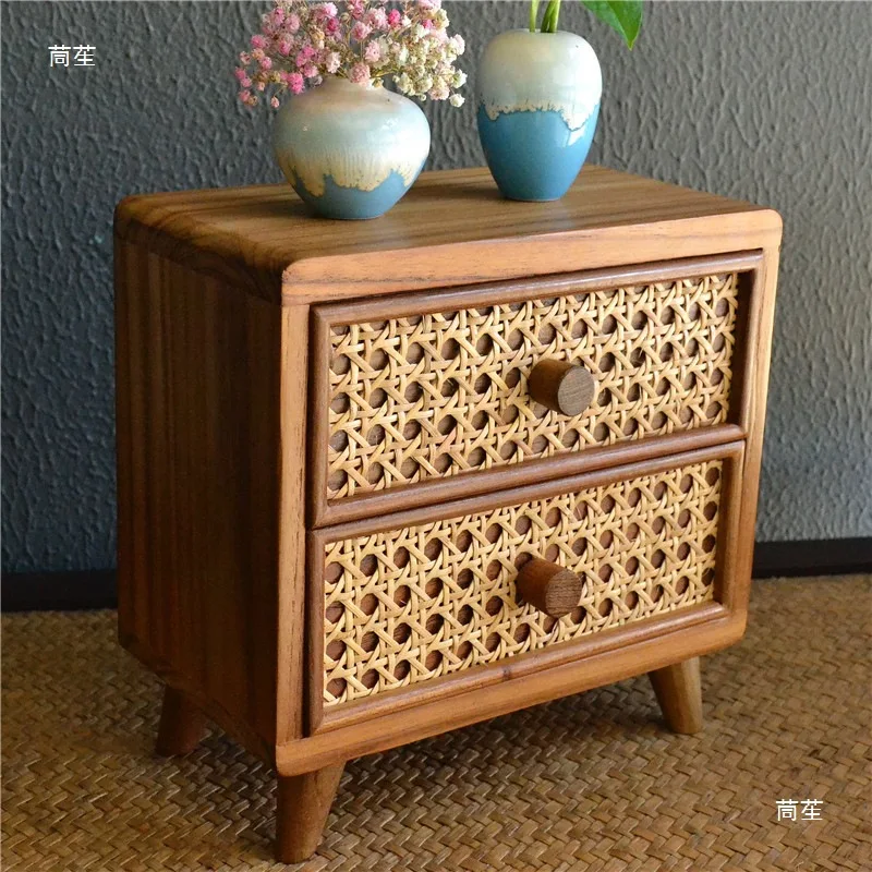 Solid wood storage desktop jewelry cabinet 2-layer stationery box drawer bamboo woven cosmetic storage box