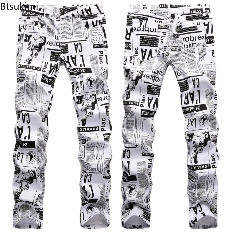 2024 Street Style Men’s Slim Stretch Jeans Trend Newspaper Full Print Personalized Stylish Sexy Denim Pants Men Casual Trousers