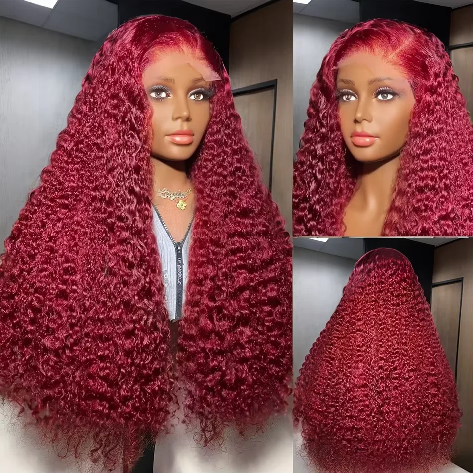 200 densidade 30 36 Polegada 99j borgonha onda profunda 13x4 frente do laço peruca de cabelo humano 13x6 laço frontal vermelho encaracolado perucas remy para mulher