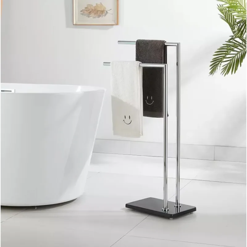 Black White Marble Floor Standing Towel Rack, Freestanding Towel Hanging Bar for Bath Towel Drying Storage