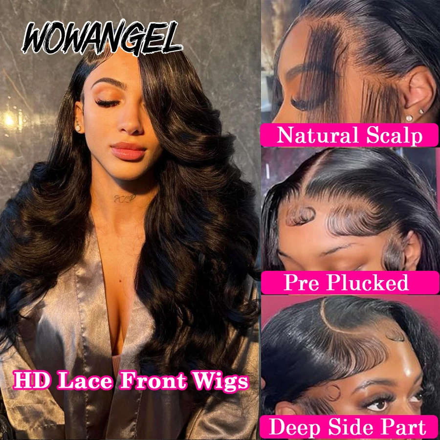 WOWANGEL 30 inch Lace Front Human Hair 250% 13x6 HD Lace Wig Body Wave Skins Melted Pre Plucked Remy Brazilian Hair For Women