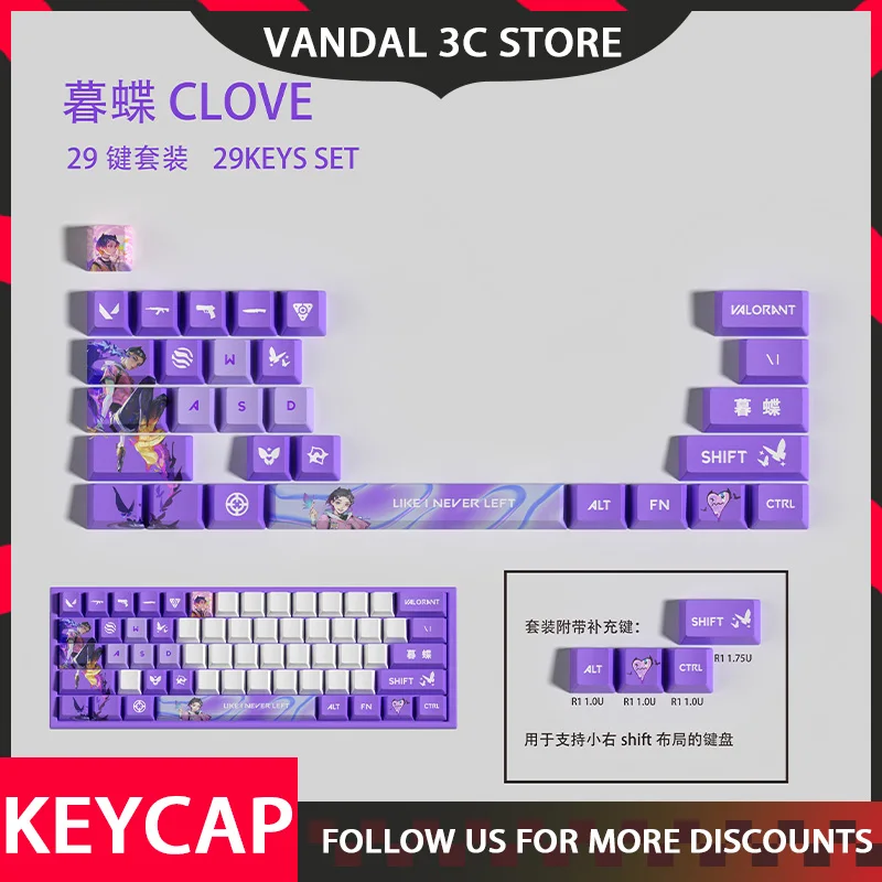 Valorant Keycaps Kruidnagel 29 toetsen Oem Pbt Volledige vijfzijdige sublimatie Mini Set Pbt Dye Sublimation Keycaps voor Mx Switch