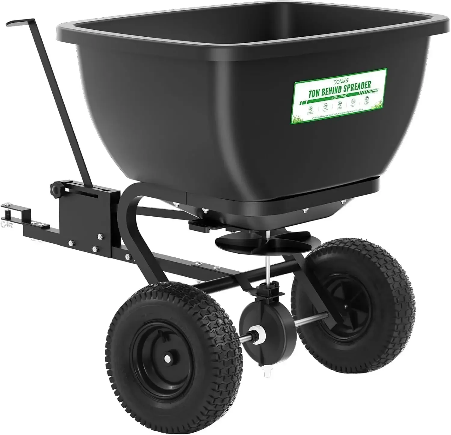 

Tow Behind Broadcast Spreader Holds 550 Lb Capacity With 13 Inch Pneumatic Tires And Adjustable Flow Control Lever For Fertilize