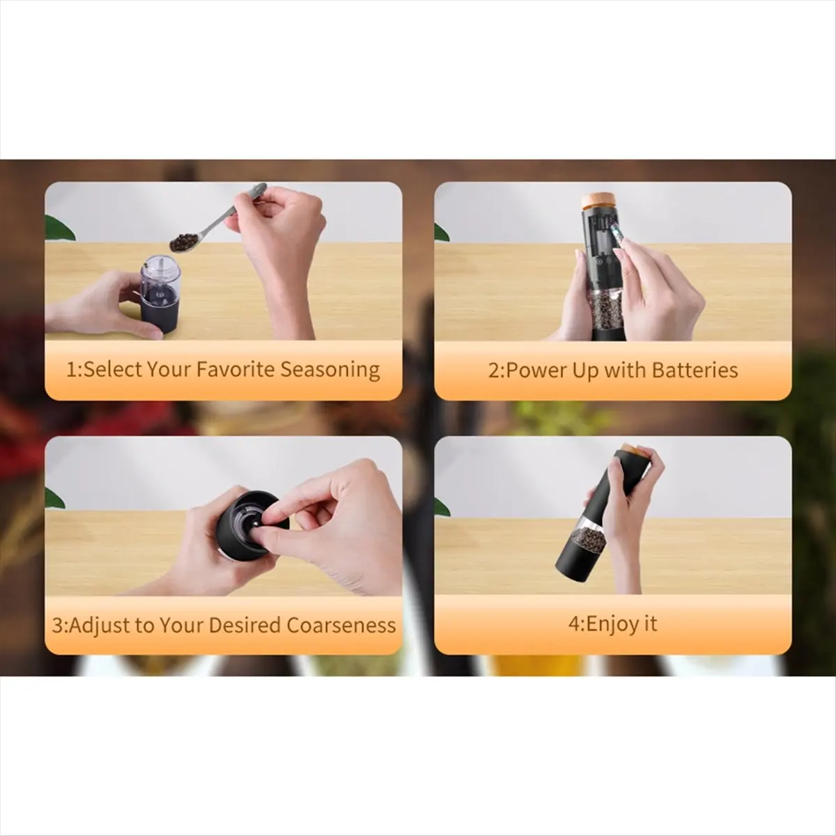 【Abrasives】 Electric Salt Pepper Grinder Adjustable Coarseness Automatic Pepper and Salt Mill Grinder Battery Powered Kitchen To