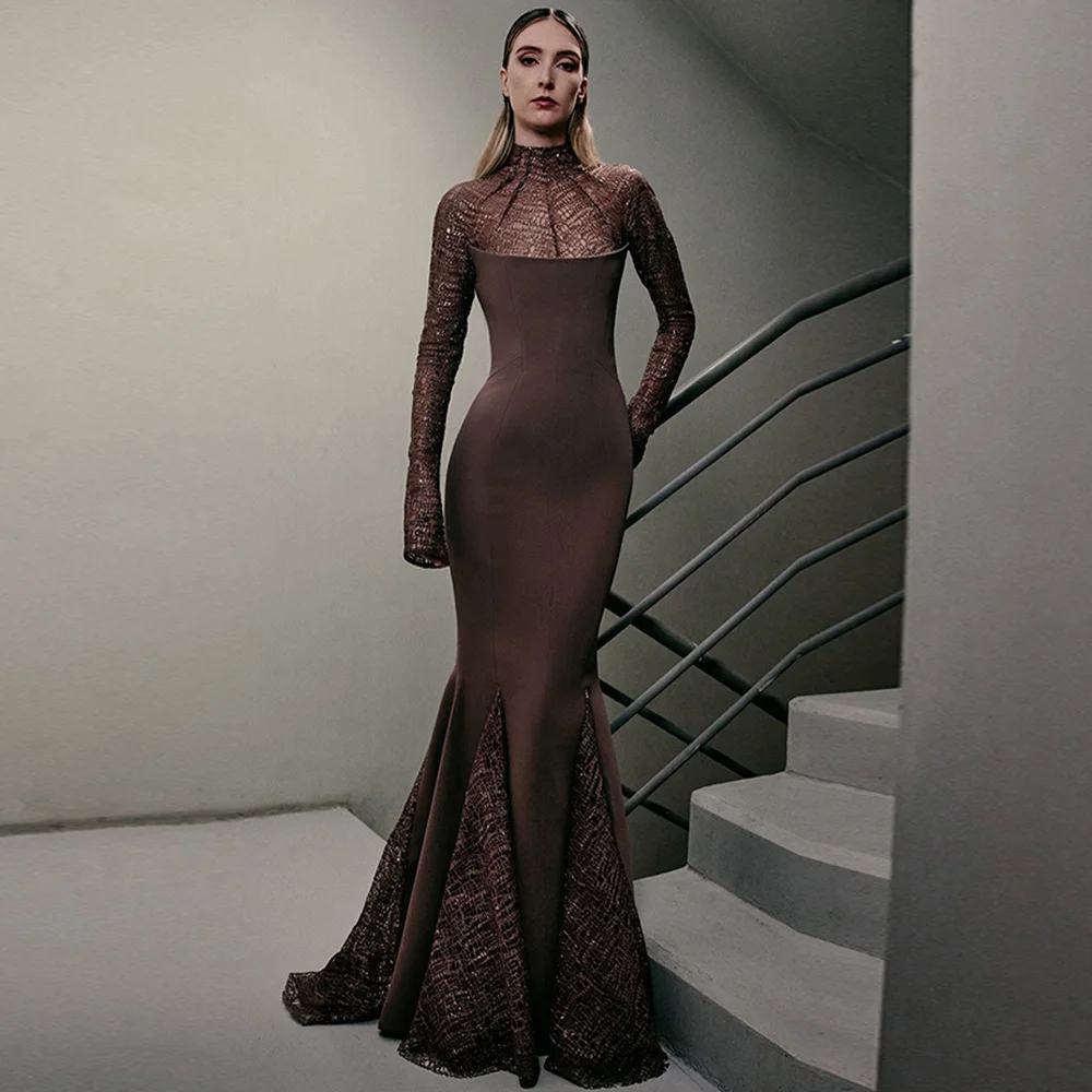 Abito da sera sexy a sirena Maglia personalizzata Collo alto Maniche lunghe Abiti da celebrità Abiti da ritorno a casa con cerniera posteriore