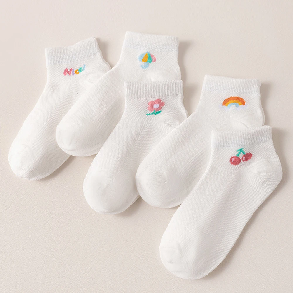 5 Pack Thin Breathable Cotton Ankle Socks Cute Cartoon Fruit Floral Print Elastic Boys Girls Summer Daily School Socks