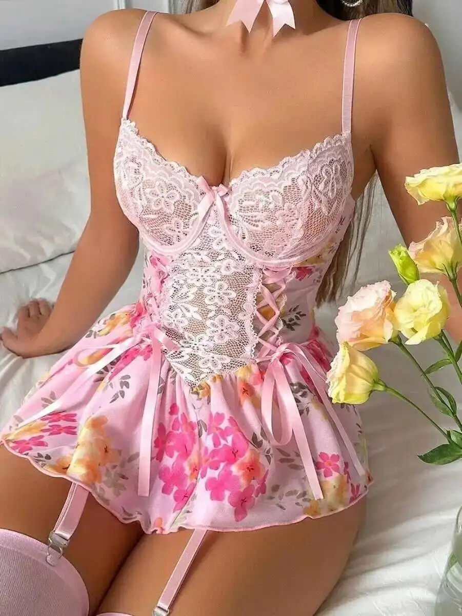 Sexy Costume Lace Transparent Hollow Net Skirt Brassuit Flower Fragmented Dress Backless Wrap Chest Suspenders Sleeveless SQN9