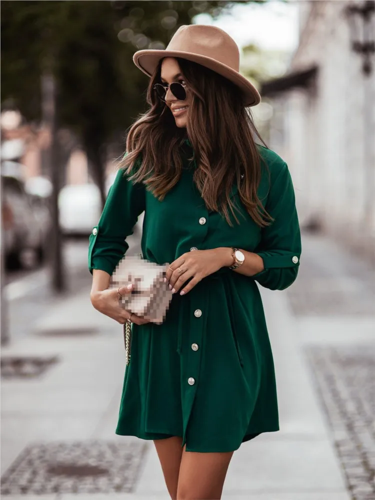 

Women's Spring Autumn New Style Solid Color Fashion Waist Strap Button Sleeve Dress Solid Color Single Breasted Mid Length Skirt