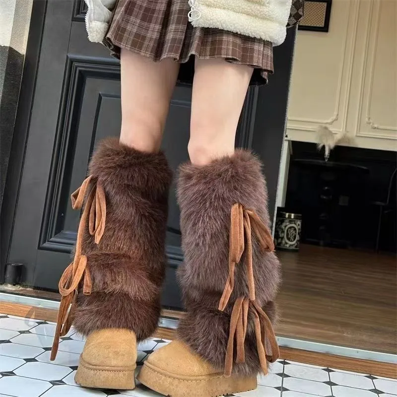 Autumn and winter hairy leg cover y2k bow strap medium tube spice girl imitation fur plush socks snow cover warm and thin