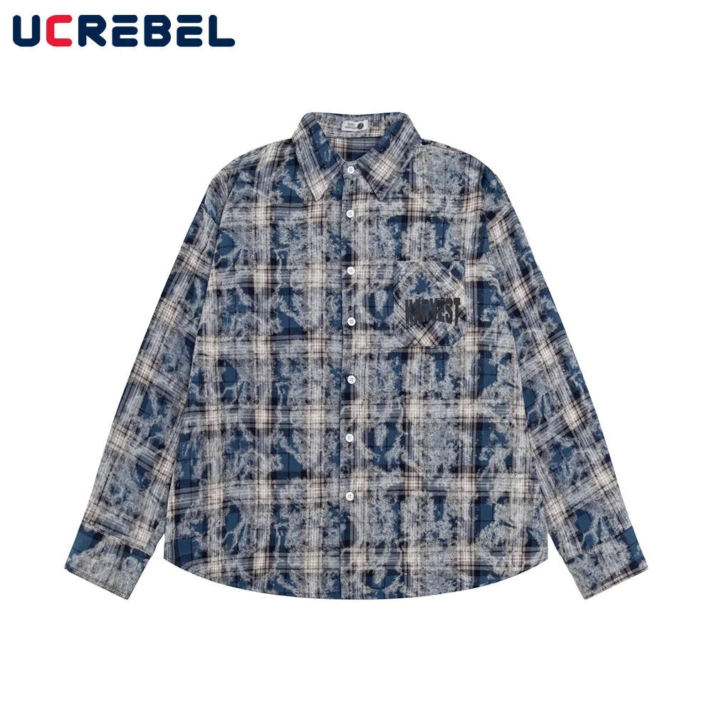 Letter Print Plaid Long Sleeve Shirts Mens Double-sided Printed High Street Autumn Loose Single Breasted Lapel Shirts Men