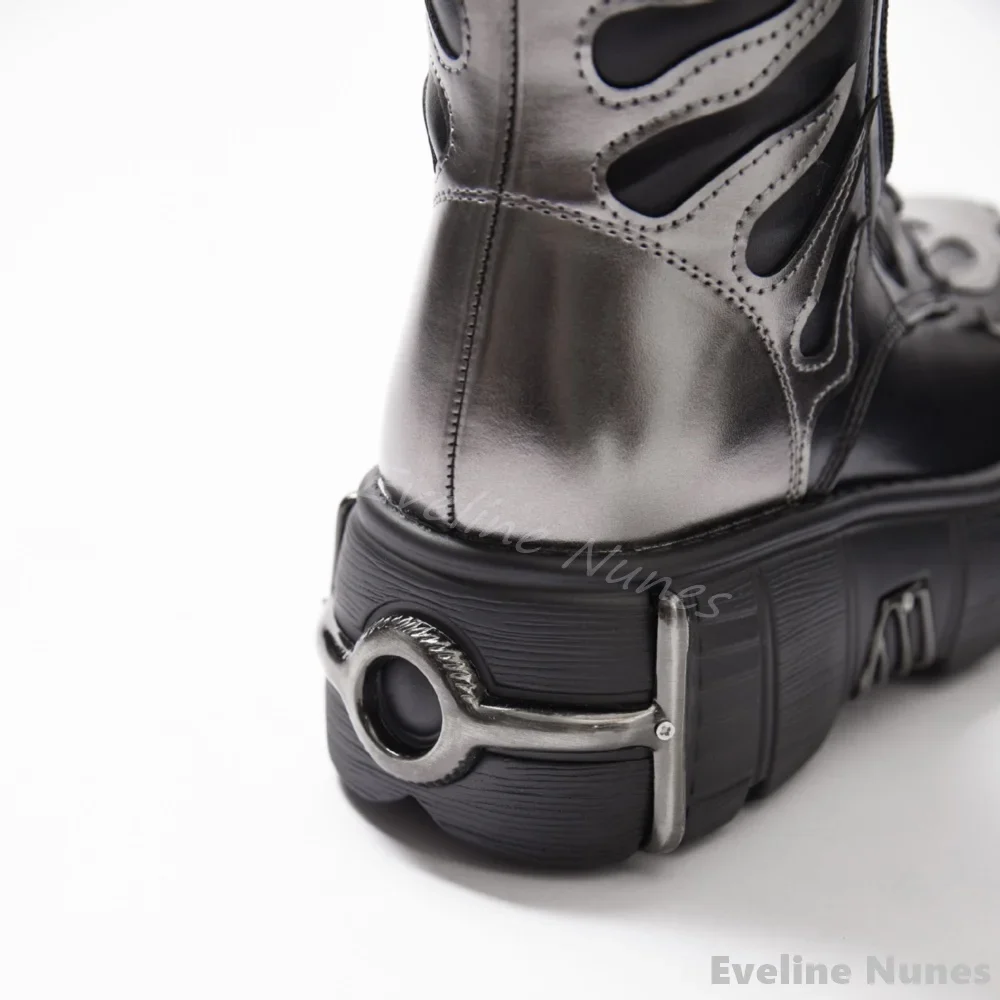 Heavy Metal Thick Sole Fire Totem Motorcycle Boots Women Round Toe Cross Tied Side Zipper Knee High Boots New Hotties Punk Boots