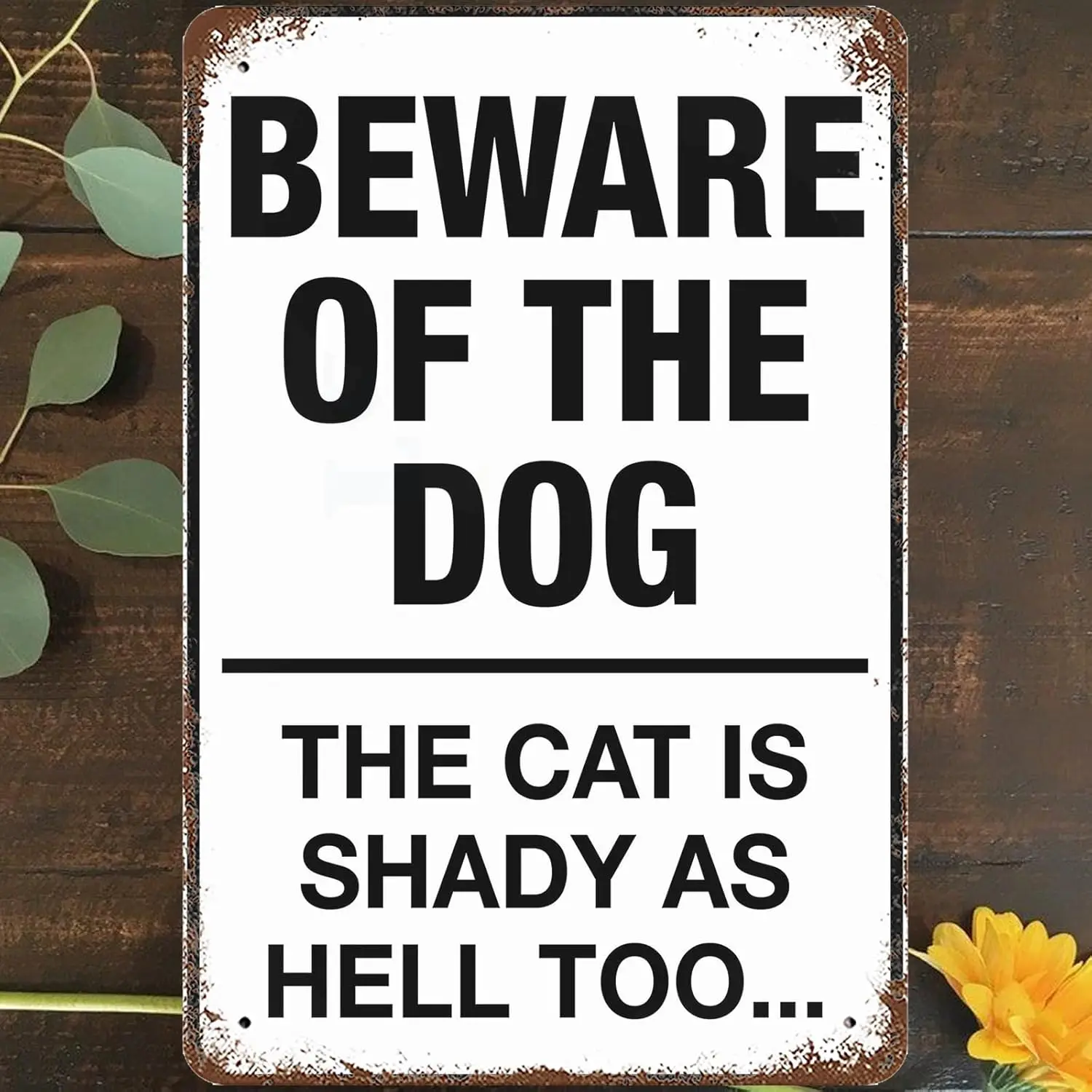 Vintage Metal Tin Sign ;, Warning Beware Of The Dog Wall Art Decor, The Cat Is Shady As Hell Too Poster for Home Living Room Bed