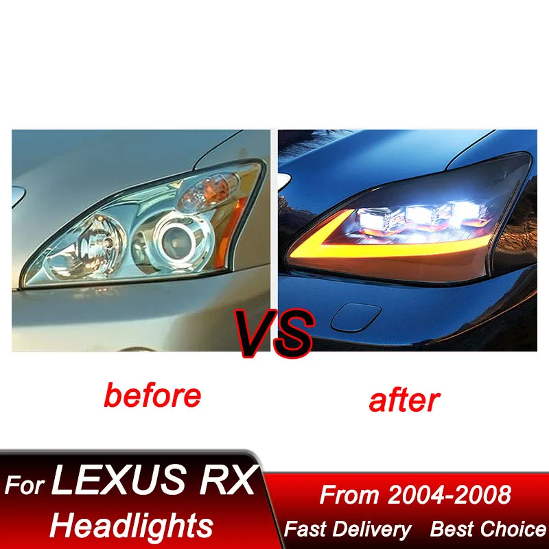 المصابيح الأمامية لتصفيف السيارة البوب لكزس RX RX350 2004-2008 مجموعة LED كاملة جديدة ترقية عالية التكوين ملحقات عدسة العرض