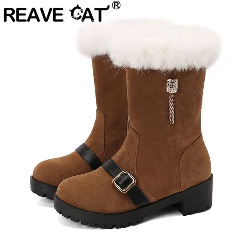 

REAVE CAT Winter Snow Boots Round Toe Thick Heels Flock Suede Zipper Metal Decoration Plus Size 41 42 43 Warm Plush Casual Bota