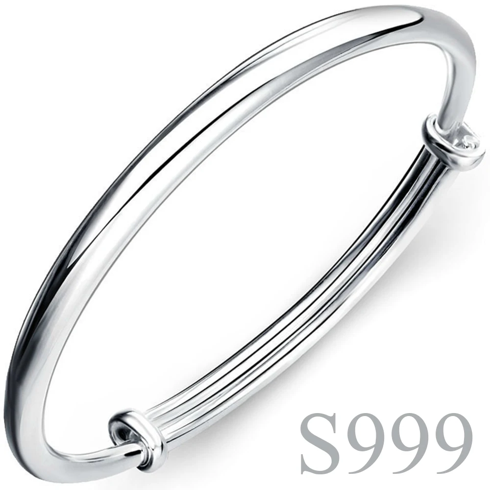 

S999 Glossy Bangles Sterling Silver Bracelet Push and Pull 56mm 20g 25g 30g Fashion Solid Round Stick for Women Birthday Gifts