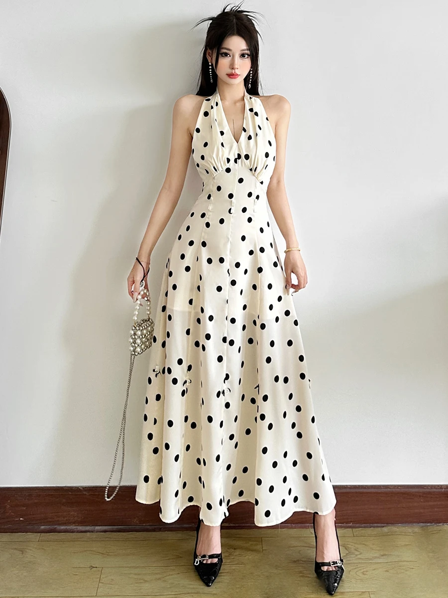 奇妙な猫柄水玉プリントホルターネックドレス エレガントなロングスカート レディース 夏 インスタイル ポリエステル生地 ノースリーブ Vネックドレス