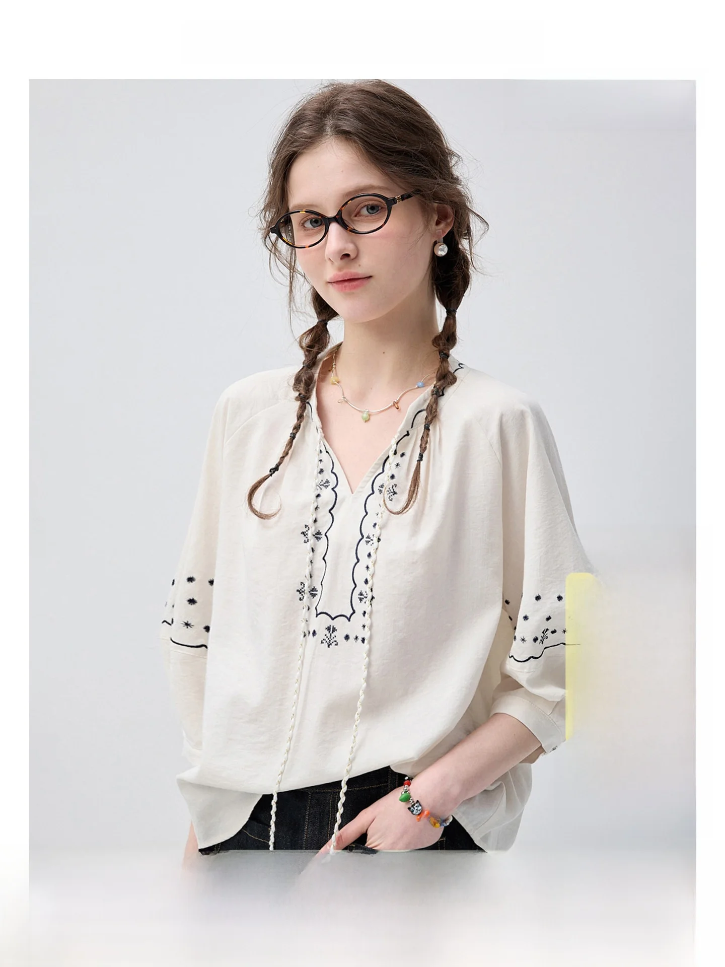 

VEGA CHANG Summer 2026 Bubble Sleeve Embroidered Lace Hollow out Breathable Women's Shirt Korean Style Loose Fit V-Neck Commu...