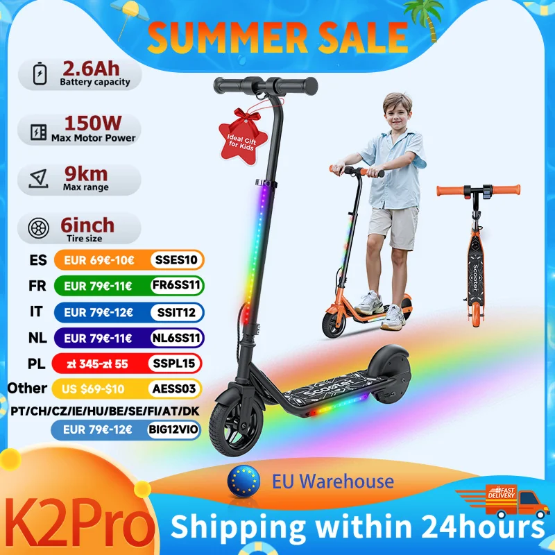 Trottinette électrique pour enfants K2Pro, moteur 150W, pneus de 6 pouces, batterie 18V, vitesse maximale 16km, portée 6-9km, Orange, noir, 3 vitesses avec LED