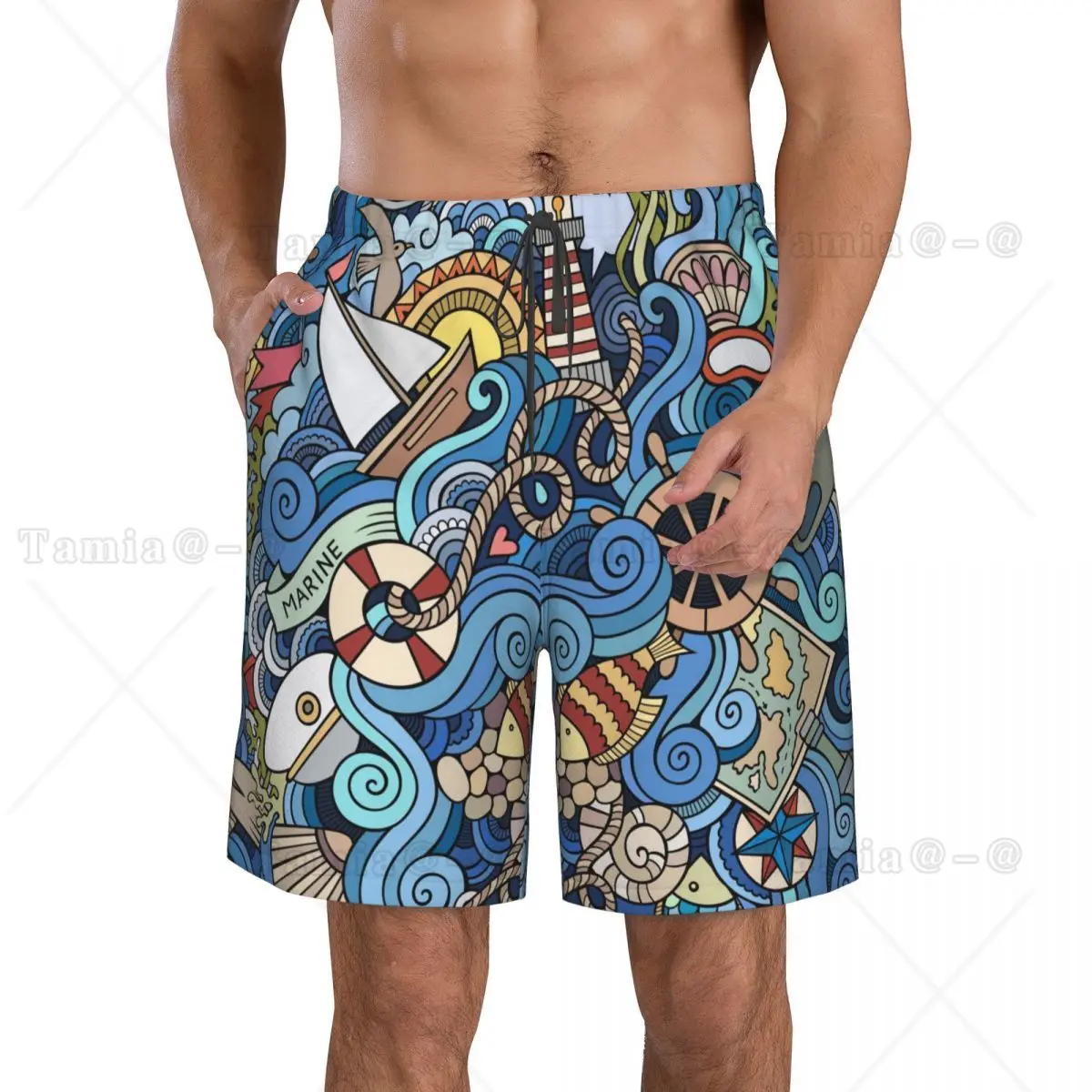 Mens Swimming Shorts Swimwear Cartoon Marine Style Wave Wheel Pattern Men Trunks Swimsuit Beach Wear Boardshorts