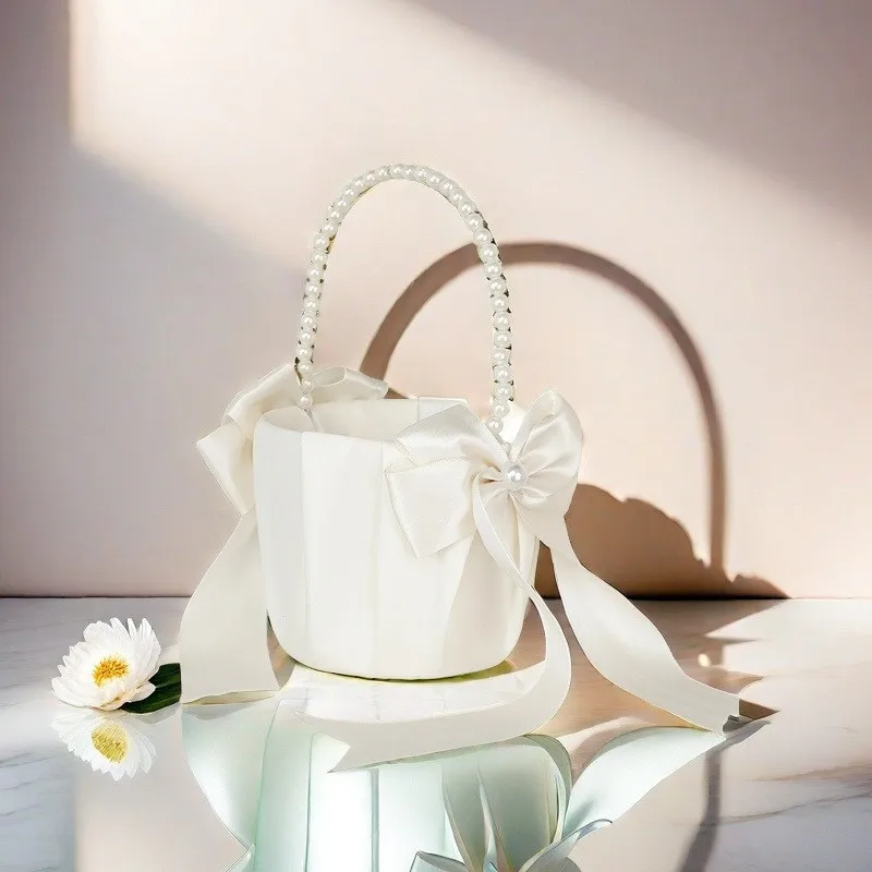 1Pcs Pearl Handle Flower Basket Satin White Western Wedding Basket Kids Hand Held Wedding Bowknot Flower Basket Party Decor image 3
