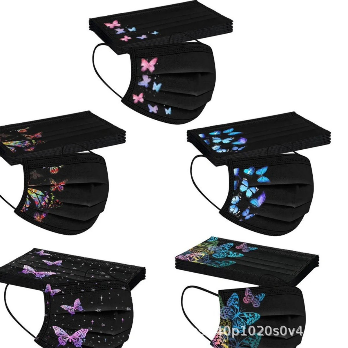 50 قطعة من أقنعة الكبار السوداء المطبوعة على شكل فراشة ملونة يمكن التخلص منها من ثلاث طبقات من أقنعة سبونليس غير المنسوجة الواقية الصديقة للبشرة #2