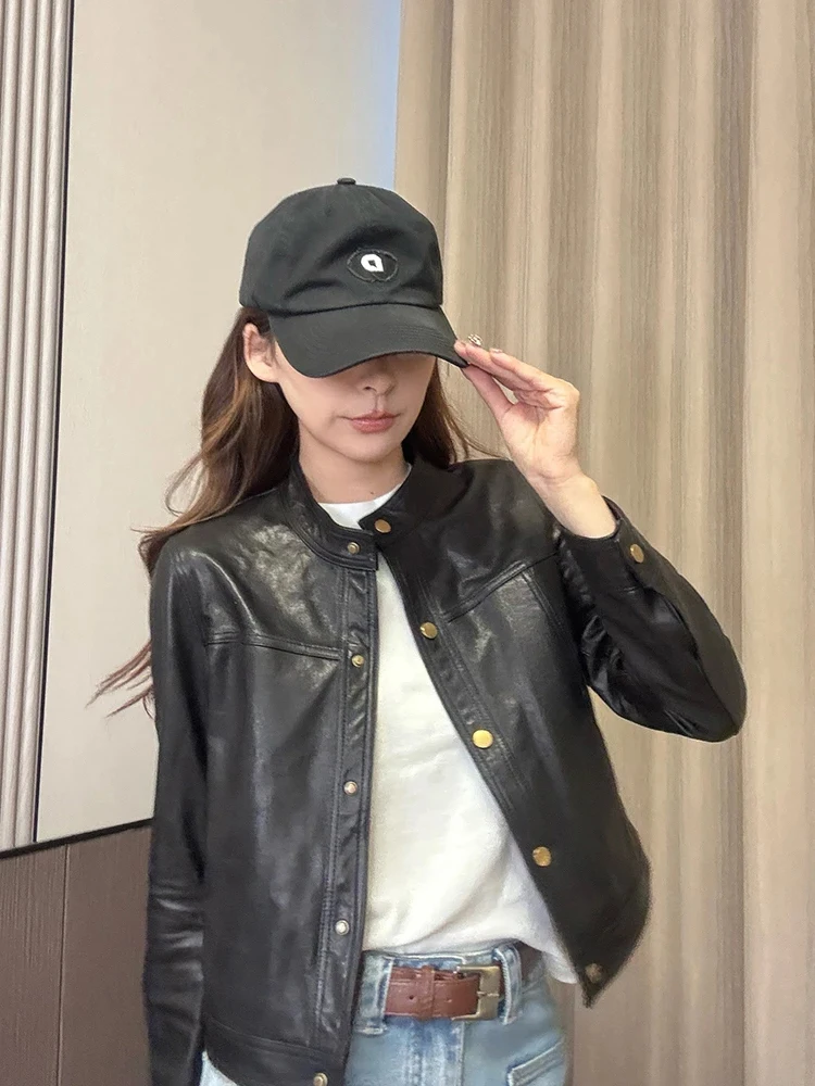 Jaqueta Feminina de Couro Retrô Elegante Simples de Manga Longa Estilo Coreano de Alta Qualidade para Primavera, Nova, Versátil e que Modela a Silhueta