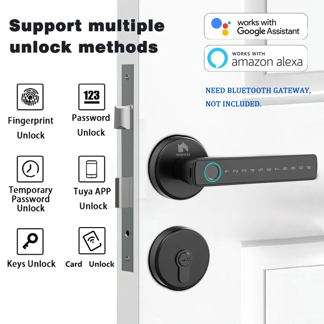 WINFREE Fingerprint Smart Lock Keyless Entry Tuya Bluetooth Home Office Door Lock Passcode Digital Lock Card Access