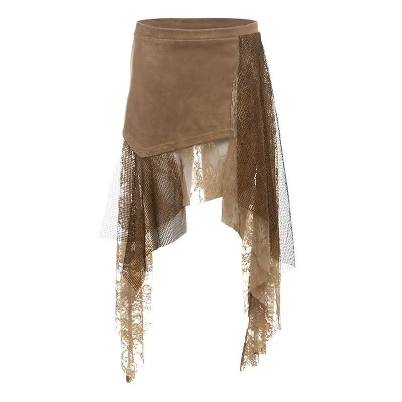 Brown Y2k Aesthetic Harajuku Vintage Skirts Lace Patchwork Irregular High Waist Mini Skirts Women Slimming Summer Elegant Ladies