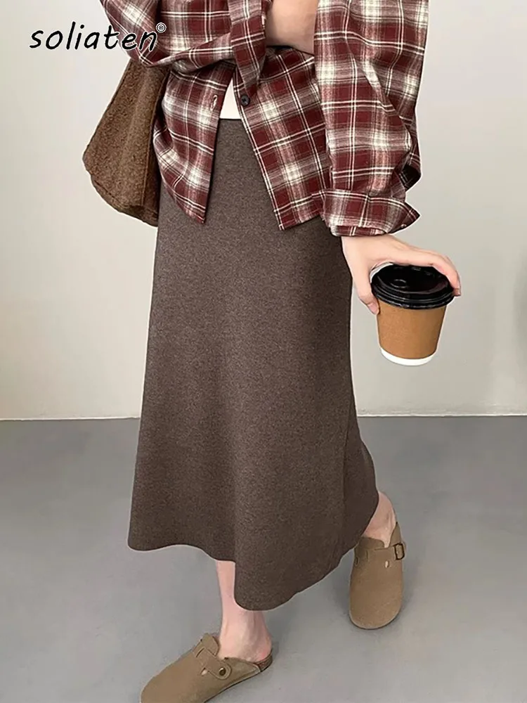 High Waist Skirt Thicken Warm Women Autumn Winter Casual Solid Color Length-option Female Skirts C-296