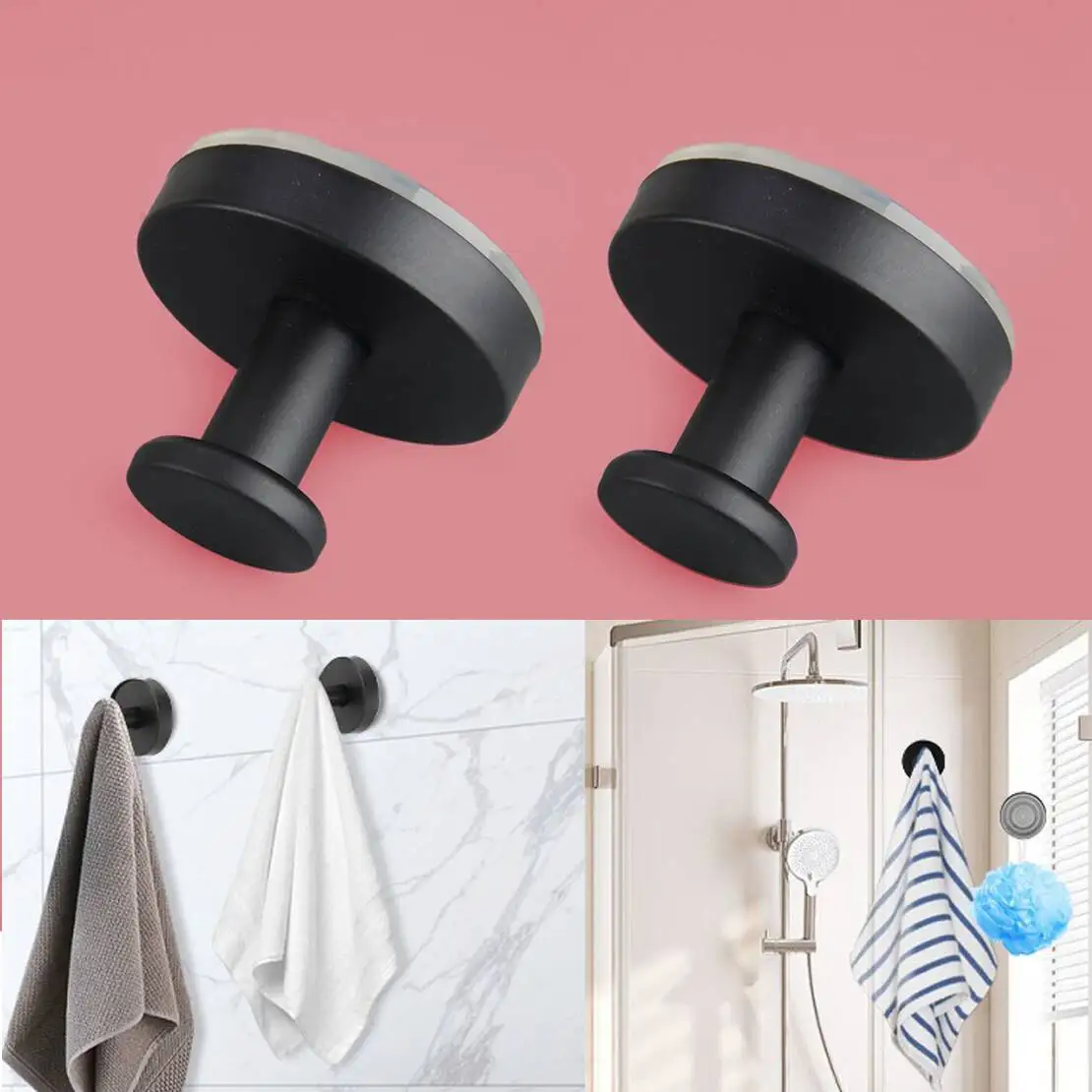 2pcs Black Bathroom Stainless Steel Vacuum Suction Cup Hook Towel Holder Waterproof No-Drill