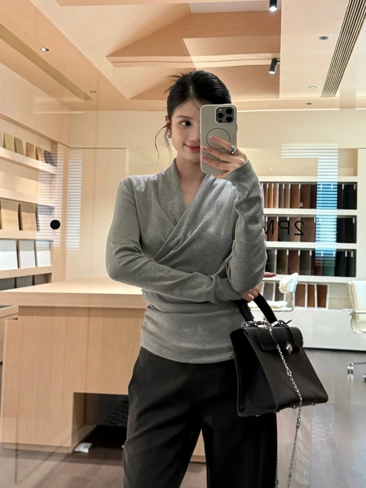 

BORN with Женская облегающая футболка Long Sve с перекрестным V-образным вырезом и плиссированной талией, повседневный осенний топ Fce с высокой талией