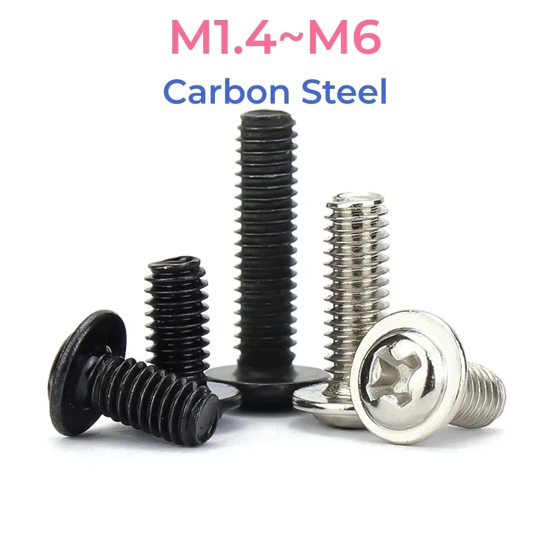 Black Zinc Nickel Plated Carbon Steel Phillips Round Head Washer Screw M1.4~M6 For PC Case Chassis Motherboard