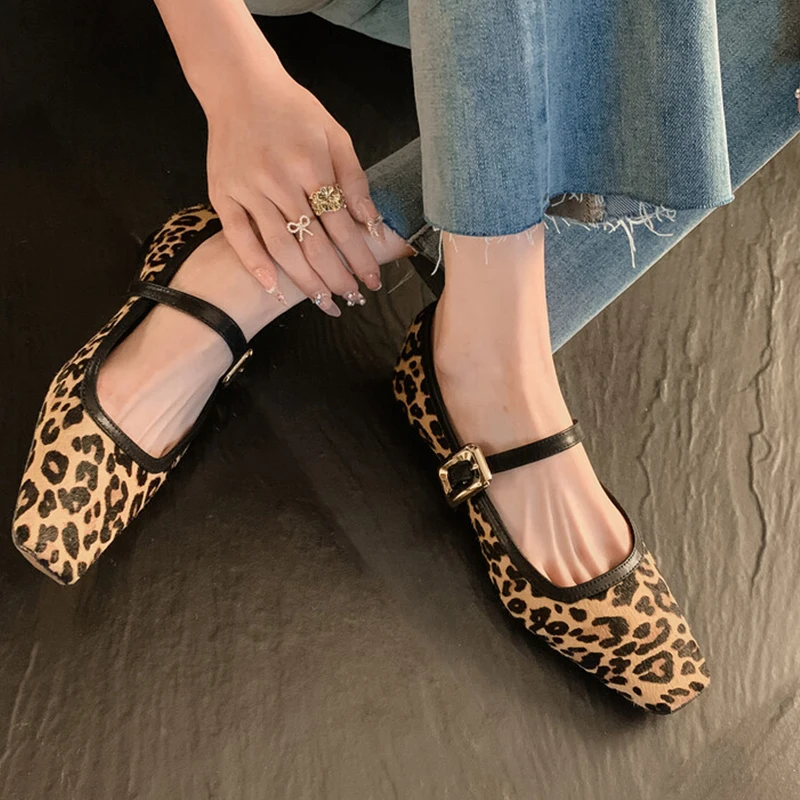 JOZHAMTA Size 34-39 Women Ballet Flats Shoes Casual Soft Leather Horsehair Low Heels Shoes Buckle Strap Leopard Lady Daily Dress