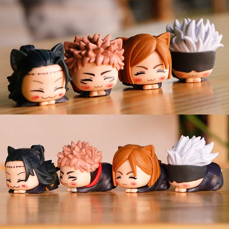 4Pcs/Set Jujutsu Kaisen Satoru Gojo Anime Figure Model Itadori Yuji Figurine Car Ornaments Doll Boys Toys Cat Ear Prone Posture